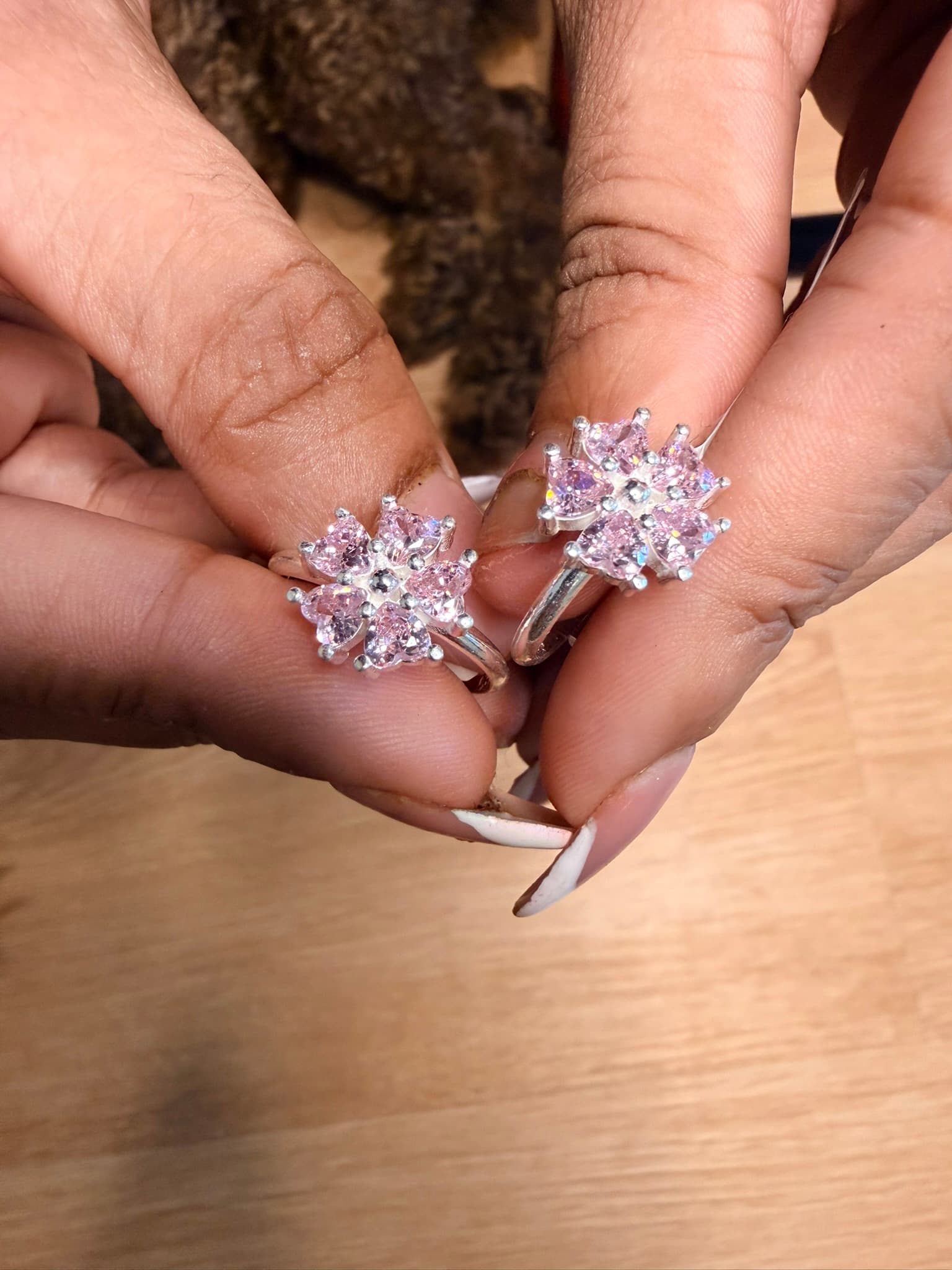 925 Silver Pink Stone Floral Toe Ring (Pair)