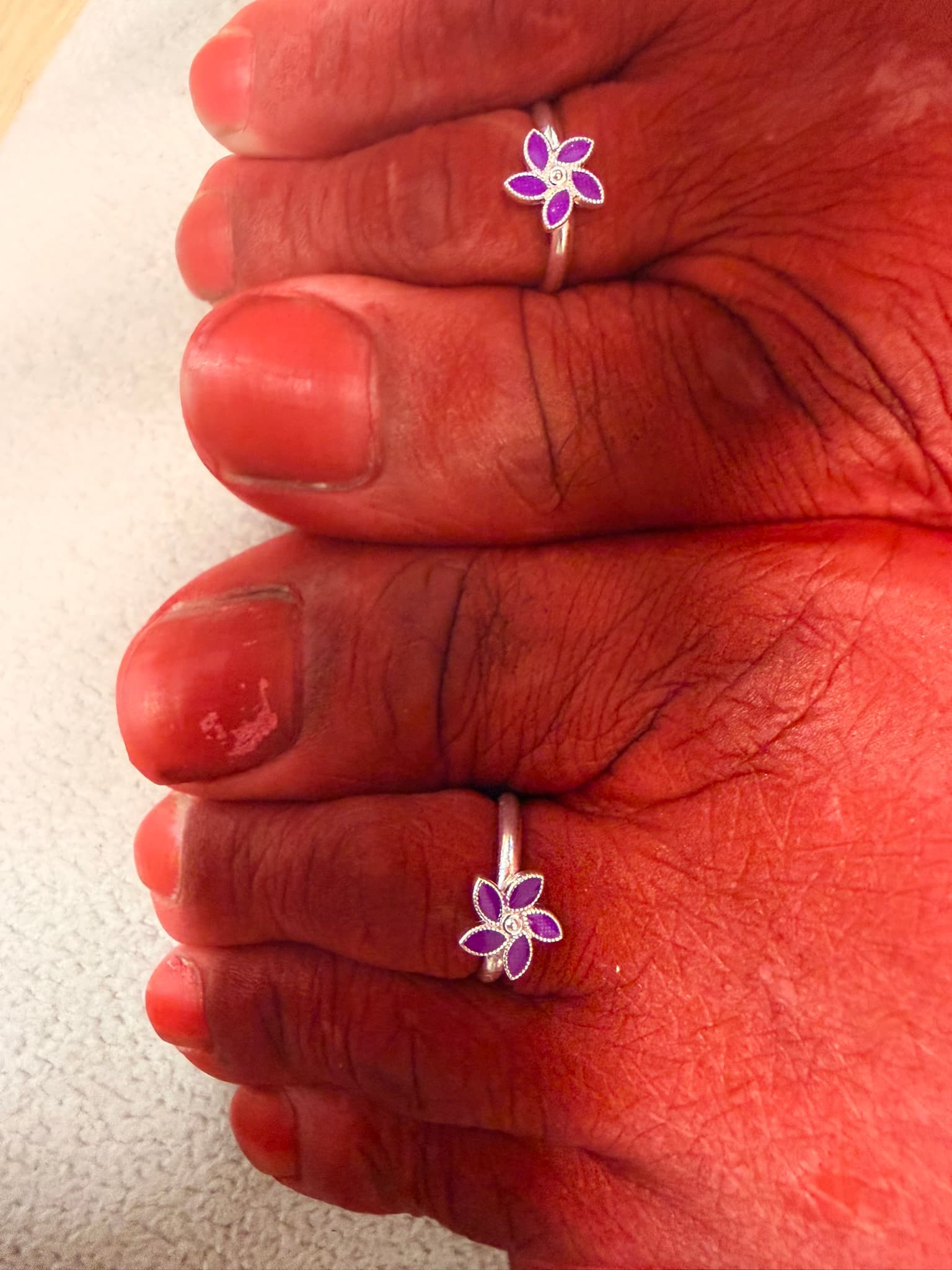 Silver Floral Adjustable Toe Ring with Purple Enamel
