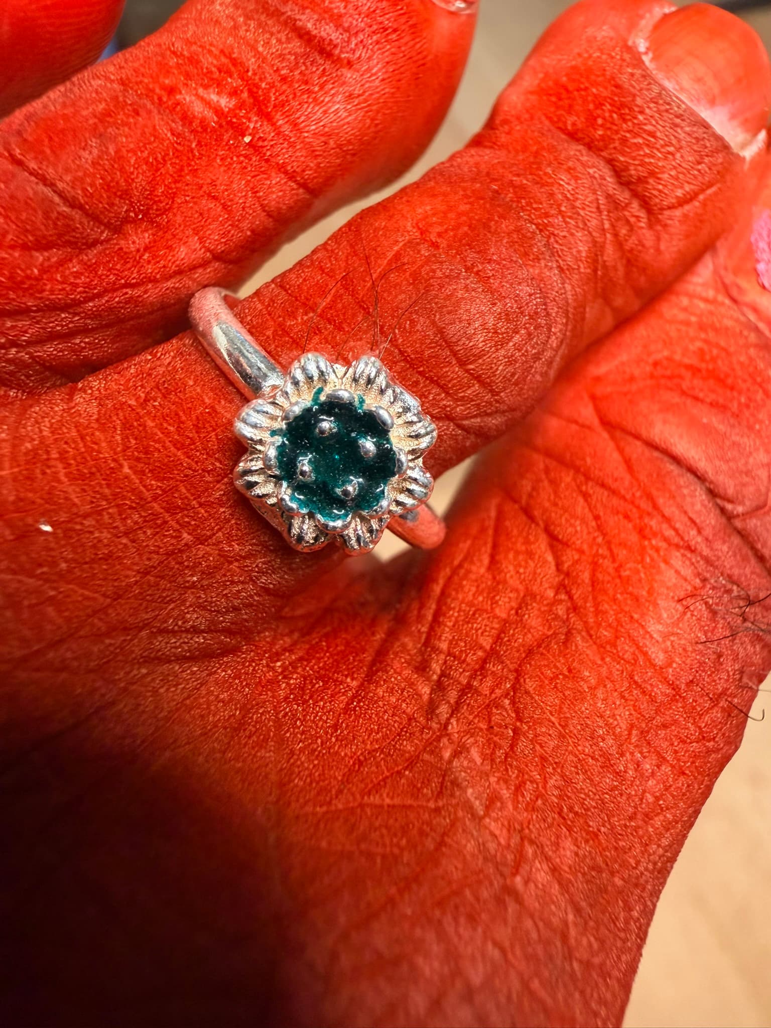 Silver Floral Adjustable Toe Ring with Green Stone